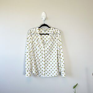 Boden White Yellow Polka Dot Printed Long Sleeves Blouse Preppy Retro US Size 14